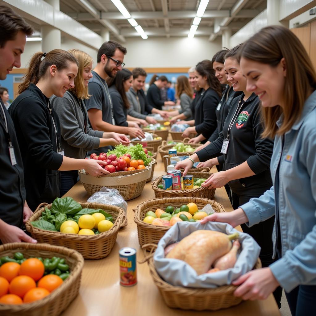 Volunteers assembling Thanksgiving food baskets for donation.