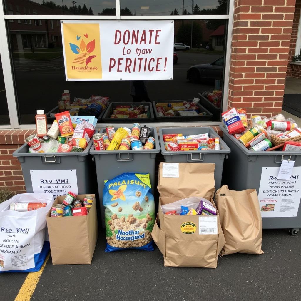 Donation bins overflowing with food at a Thanksgiving food drive