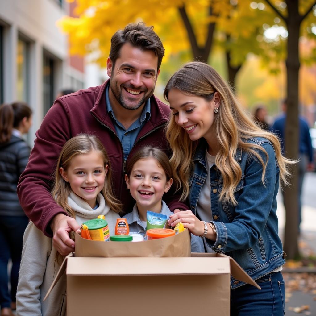 A family donating food to a Thanksgiving food drive