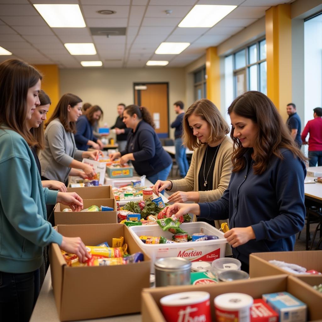 Volunteers sorting food donations for a Thanksgiving food drive.