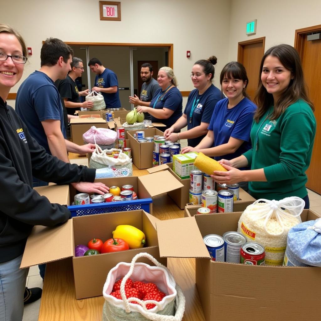 Volunteers sorting donations at a Thanksgiving food drive