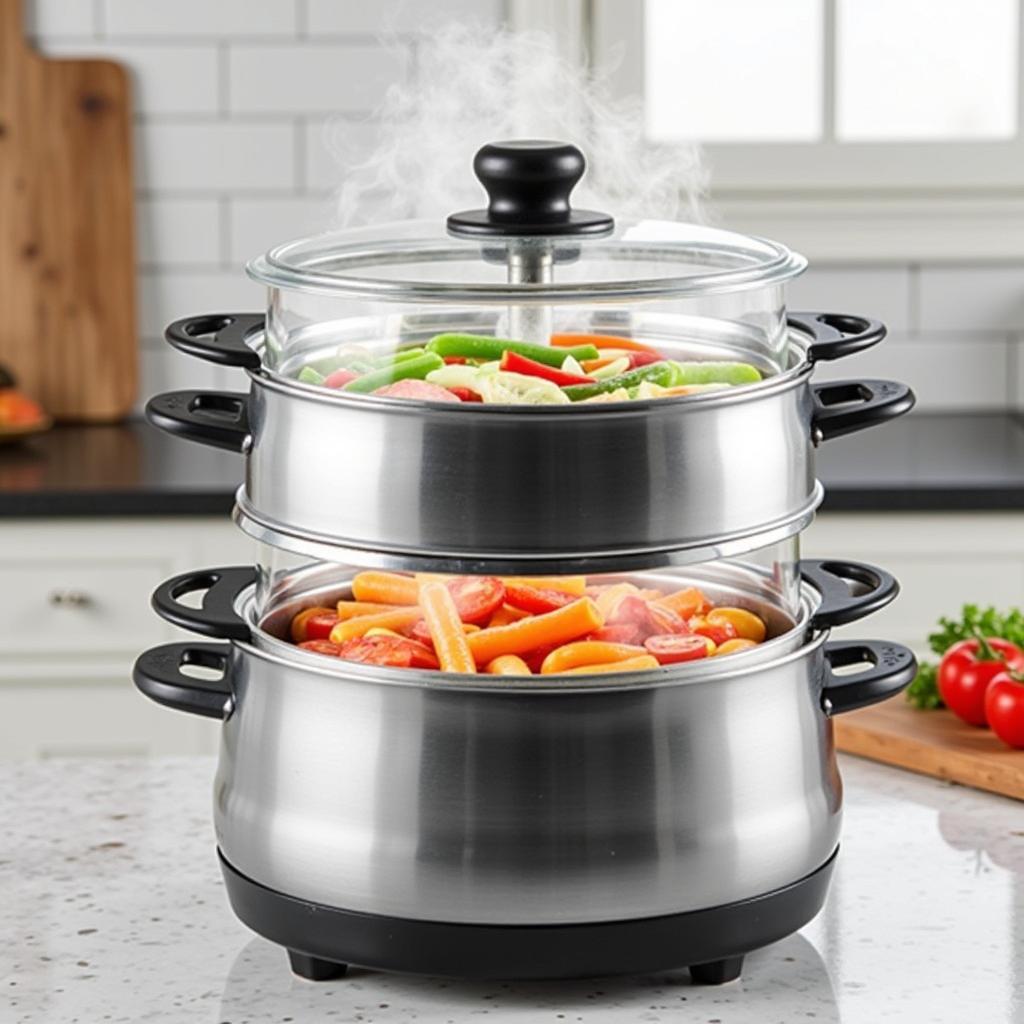 Stainless steel three-tier food steamer with steaming vegetables