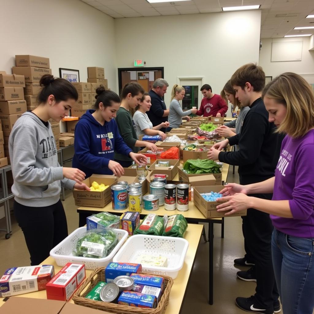 Volunteers sort donations at a Tigard food pantry