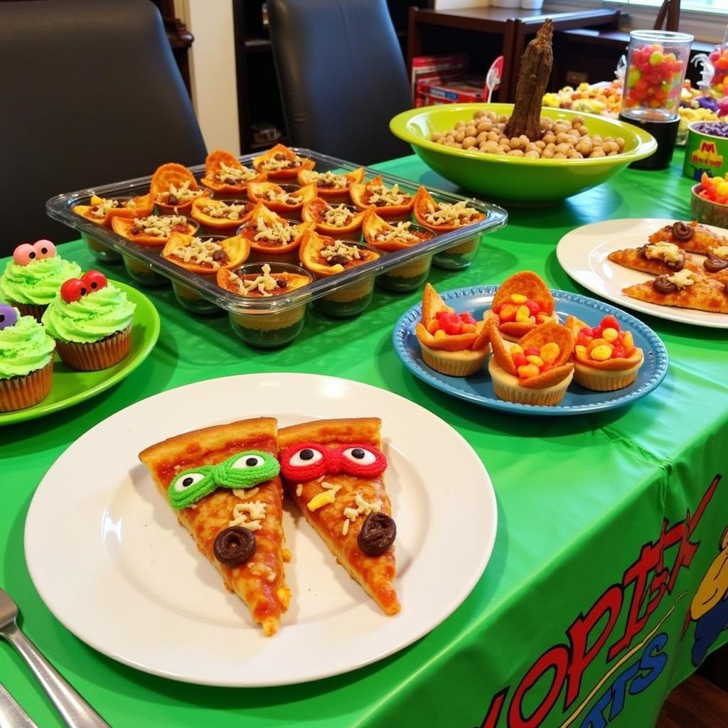 Festive spread of Teenage Mutant Ninja Turtles party food, featuring pizza slices, green-themed snacks, and drinks.