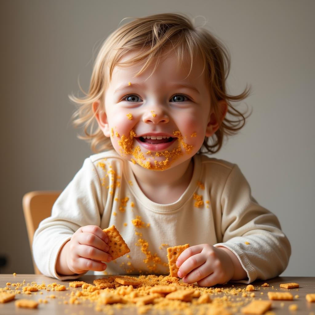 Toddler enjoying crackers, making a mess