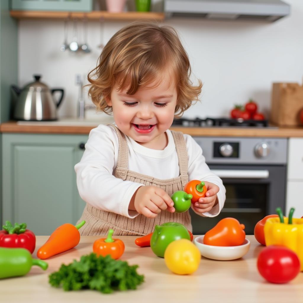 Toddler Playing with Toy Food in Play Kitchen