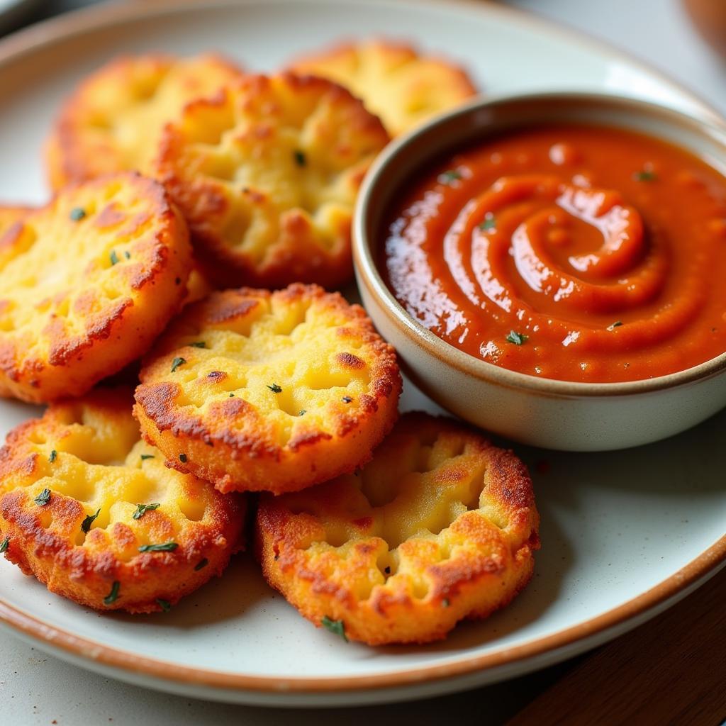 Crispy tostones served with a vibrant dipping sauce