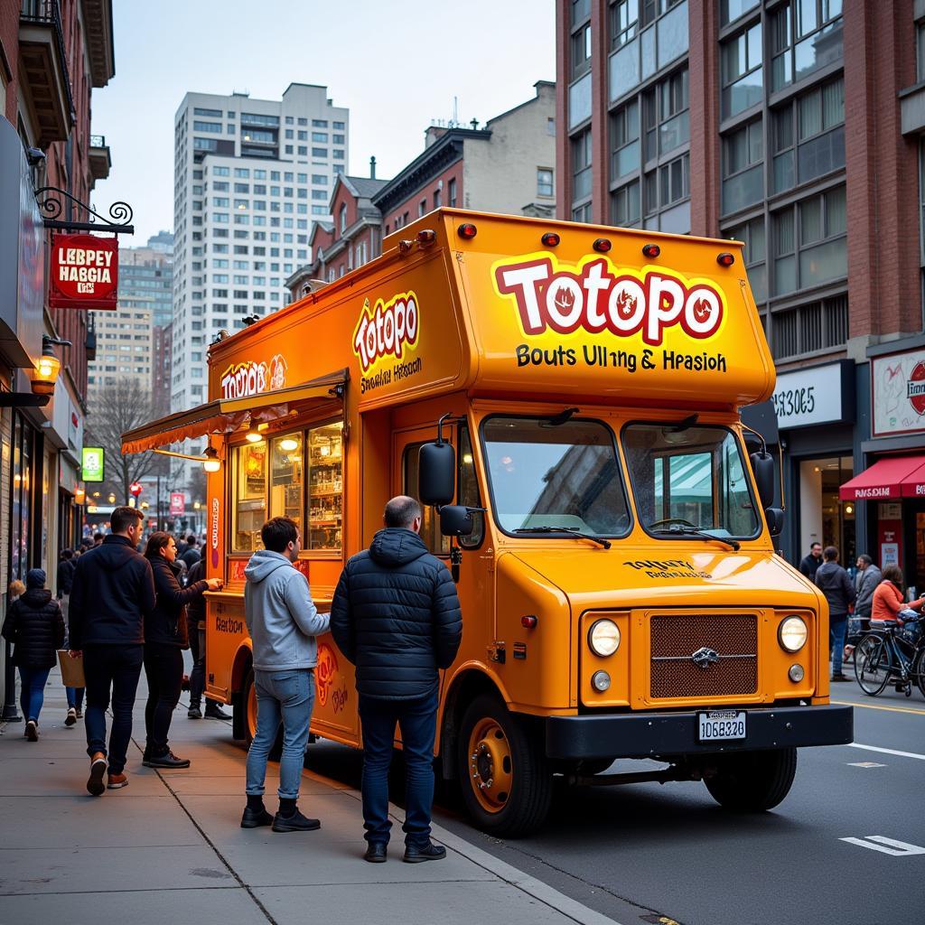 A totopo food truck parked on a busy city street