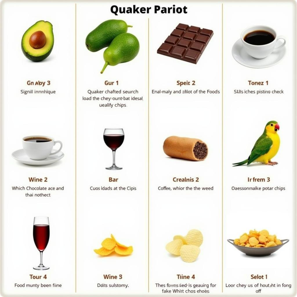 A table showcasing various foods that are toxic to Quaker parrots, including avocado, chocolate, caffeine, alcohol, and salty foods.