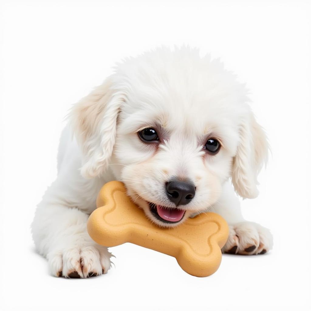  Toy poodle chewing on a dental treat to support oral health