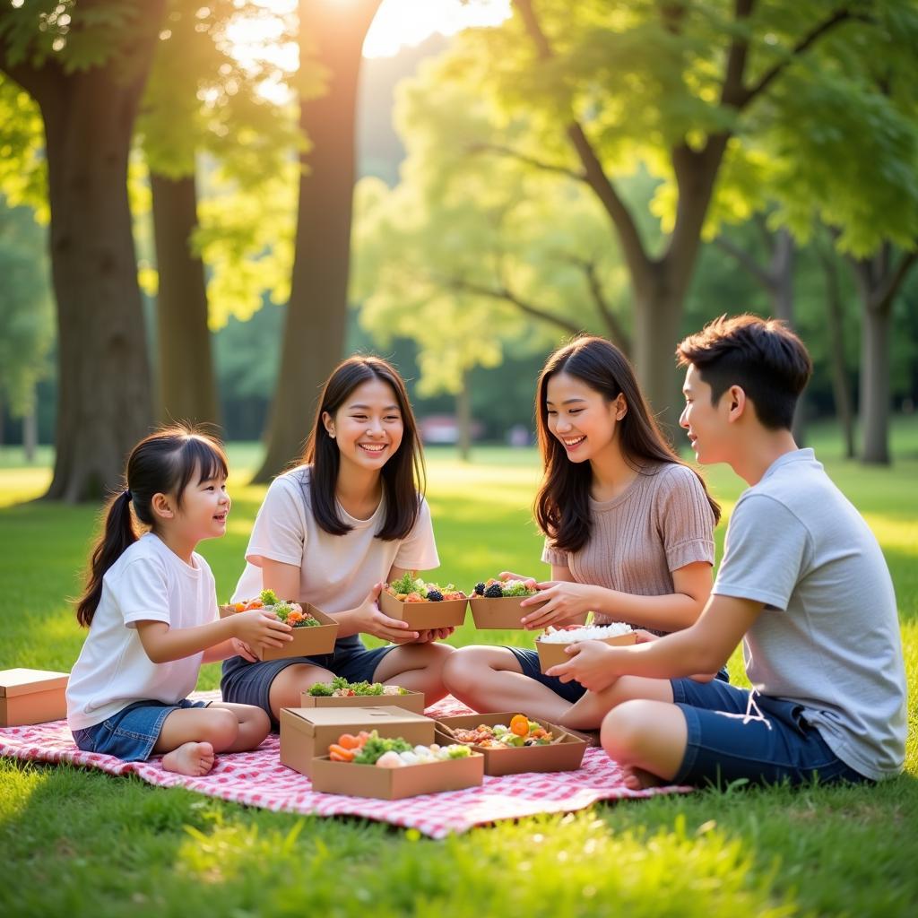 Family Enjoying Traditional Japanese Food Boxes in a Park Setting