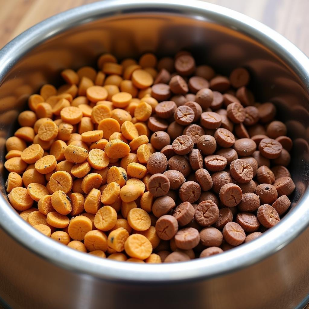 Mixing old and new dog food in a bowl