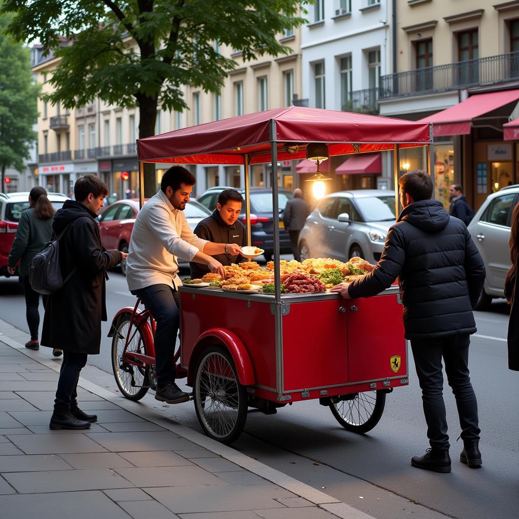 Trike food cart serving customers on a busy city street