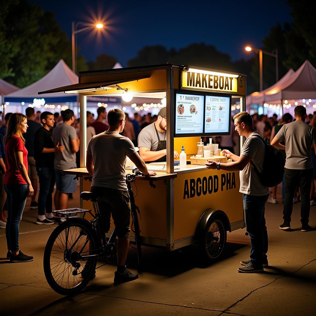 Trike food cart serving customers at a crowded festival