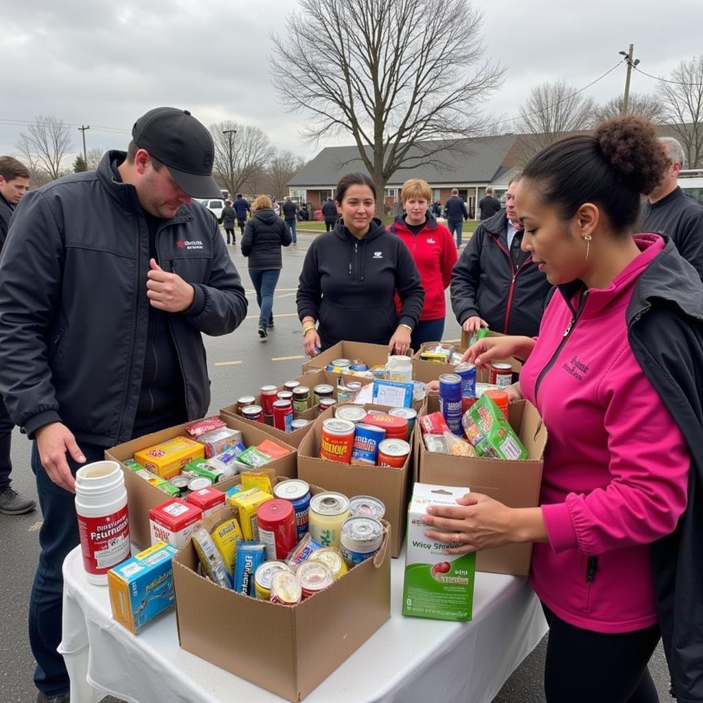 Community members donating food during a food drive for Trinity Charities Food Pantry.