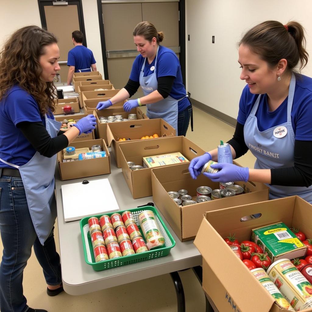 Volunteers at Trinity Charities Food Pantry packing food boxes for distribution.