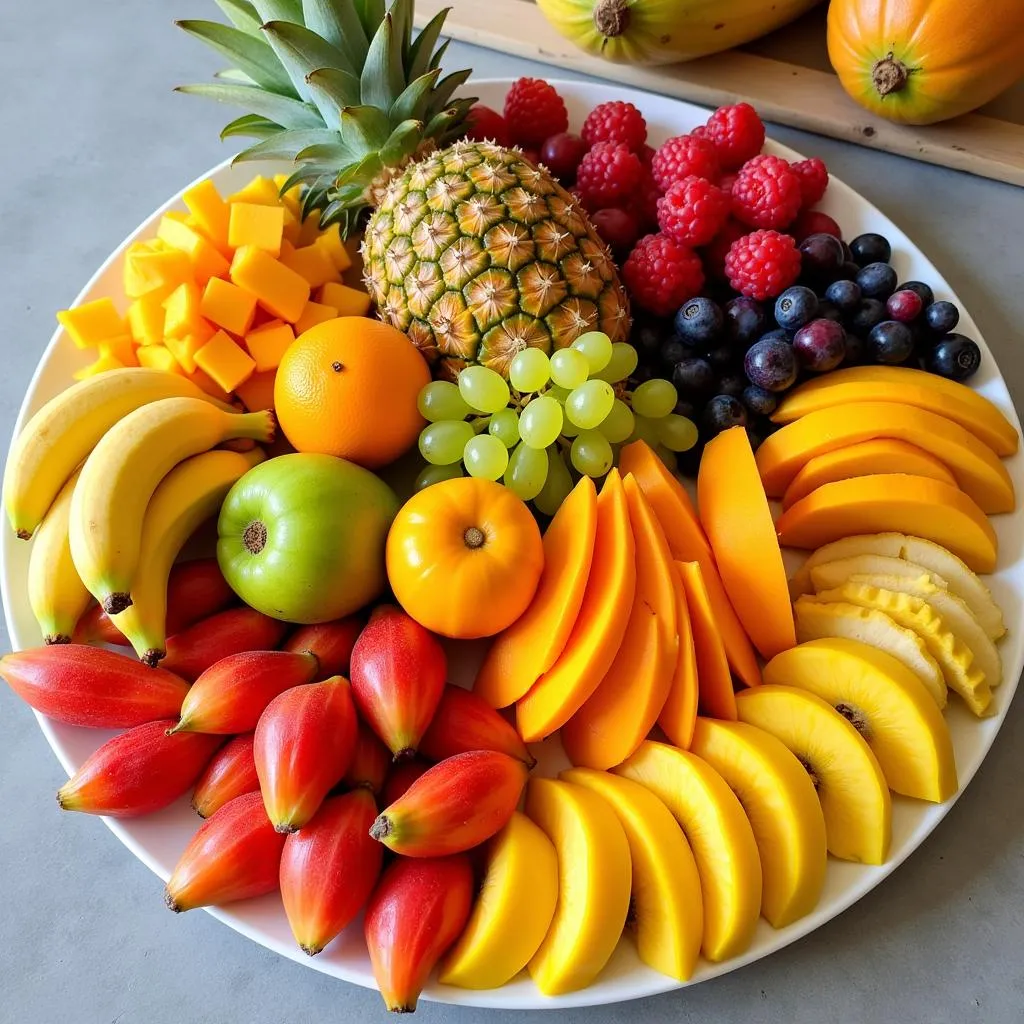 A platter of vibrant tropical fruits common to French Polynesia