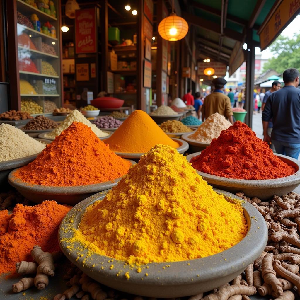 A Bustling Tropical Spice Market with Vibrant Colors