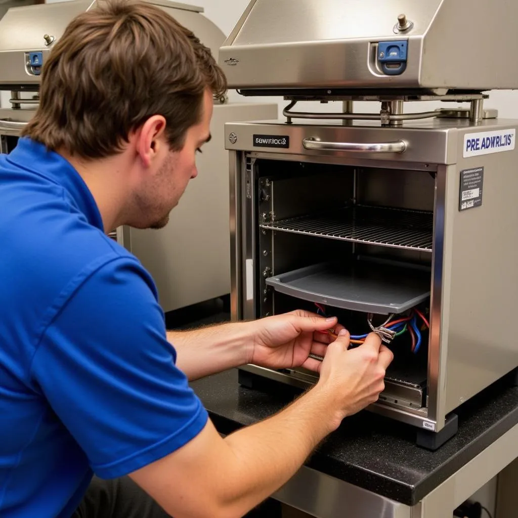 Person troubleshooting a Merco food warmer by checking the wiring and connections