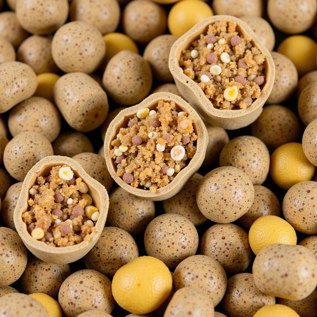 Close-up view of trout food pellets showcasing various ingredients