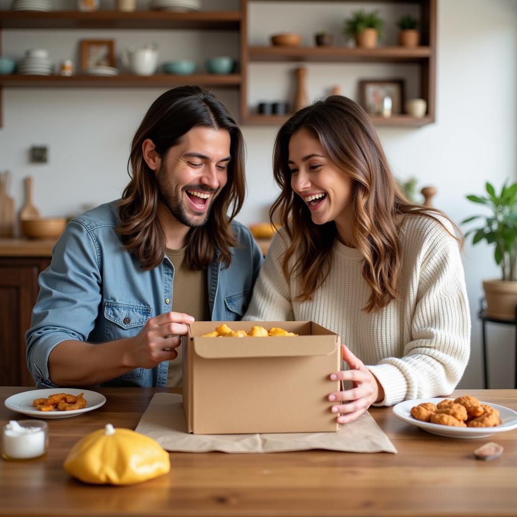 A couple trying new foods from a subscription box