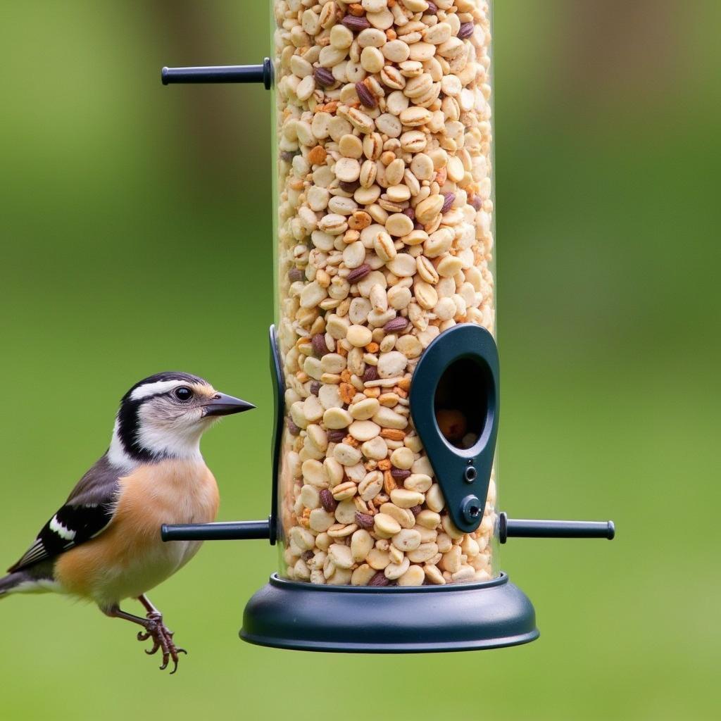 Tube bird feeder filled with seeds