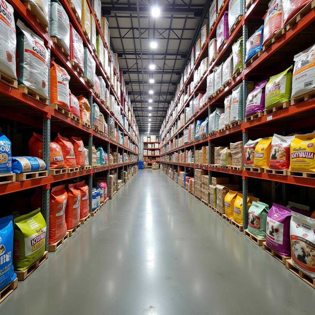 Rows of Tuffys Pet Food Products in a Warehouse