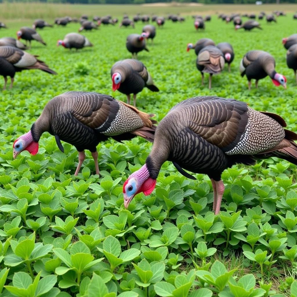 Turkeys Feeding on Clover in a Food Plot