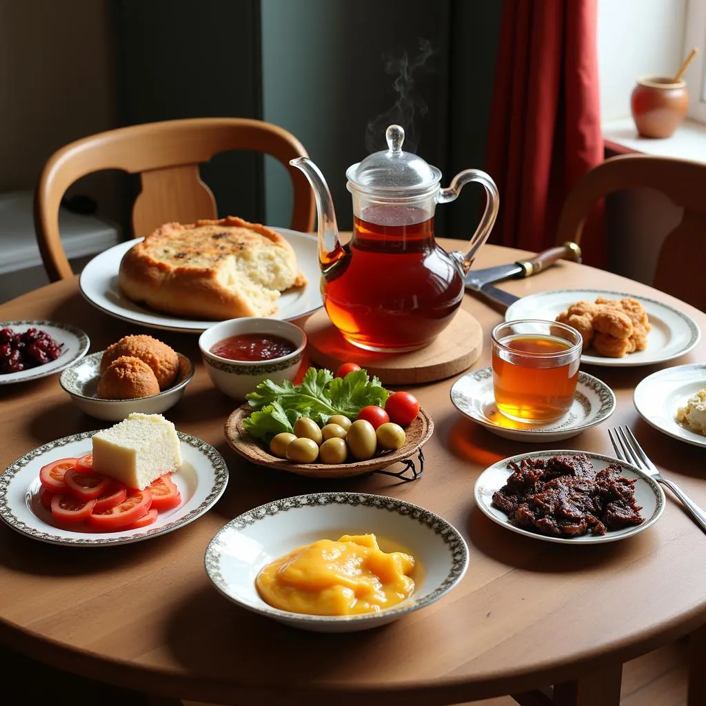 A colorful and diverse Turkish breakfast spread