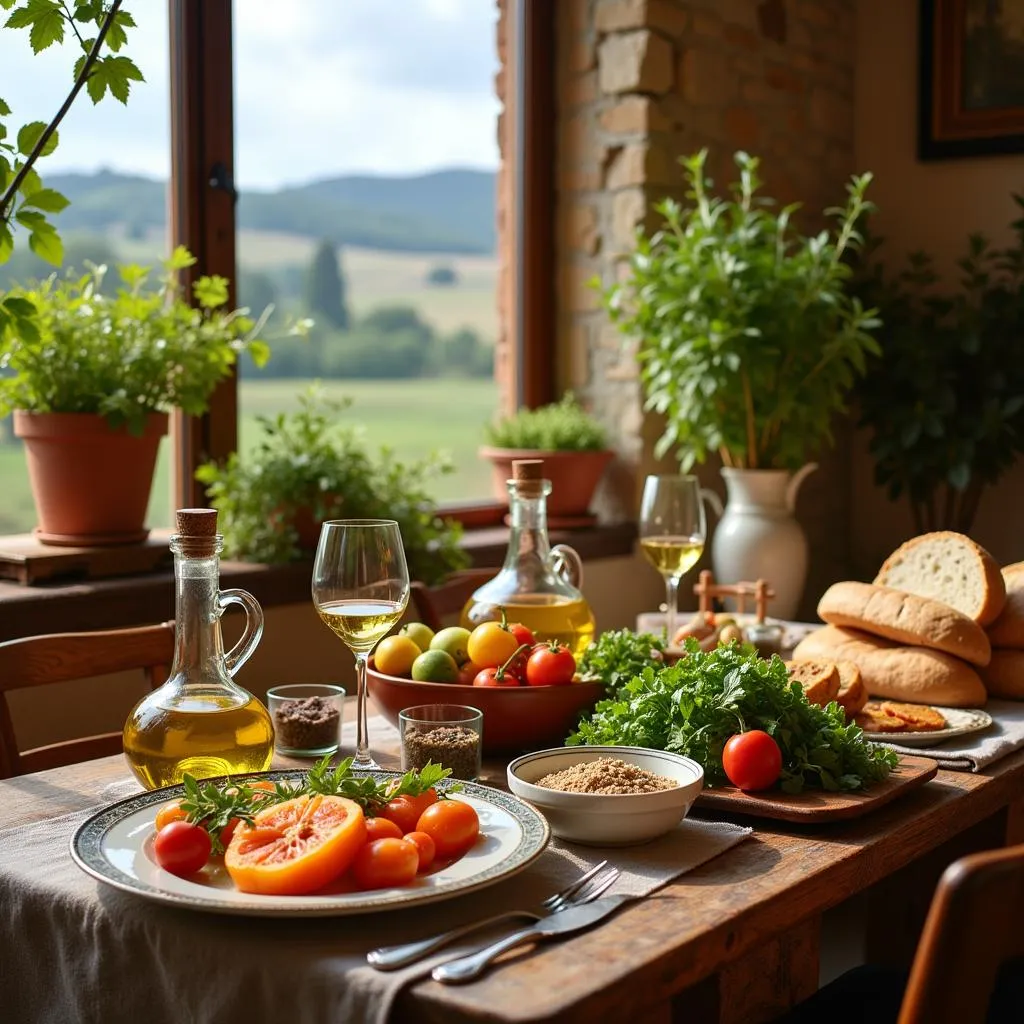 Tuscan countryside with food products on a table