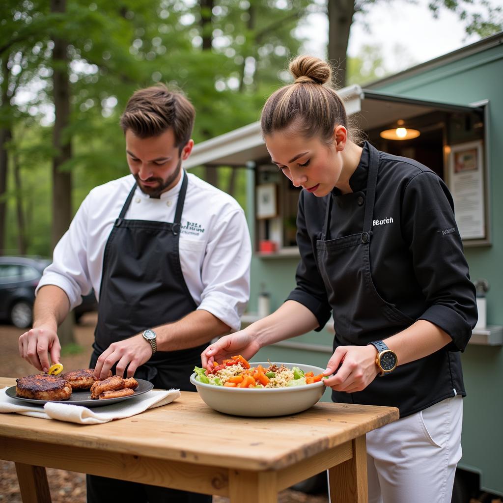 Two chefs working in their food truck, showcasing their commitment to sustainable practices