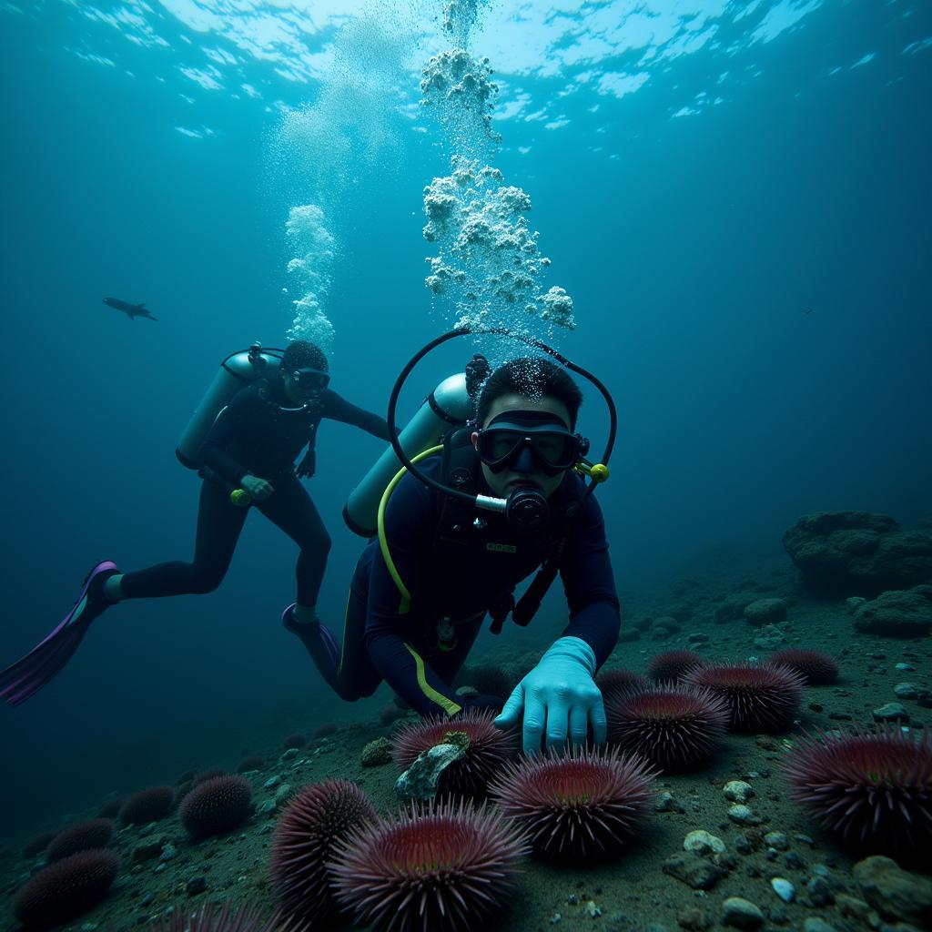 Uni divers harvesting sea urchins in the ocean