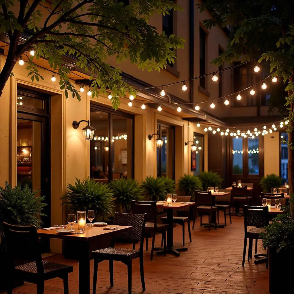 An elegant upscale restaurant near Knockdown Center, featuring inviting outdoor seating.