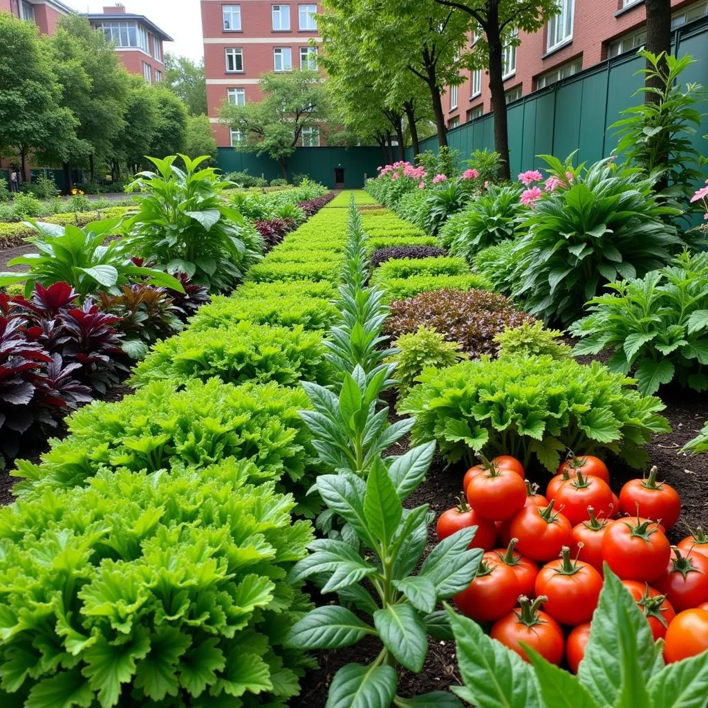 Fresh vegetables growing in an urban garden