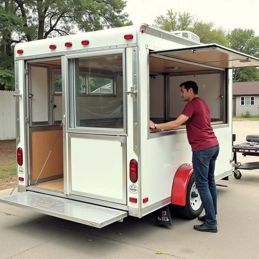 A potential buyer inspecting a used food trailer for sale in Charlotte, NC