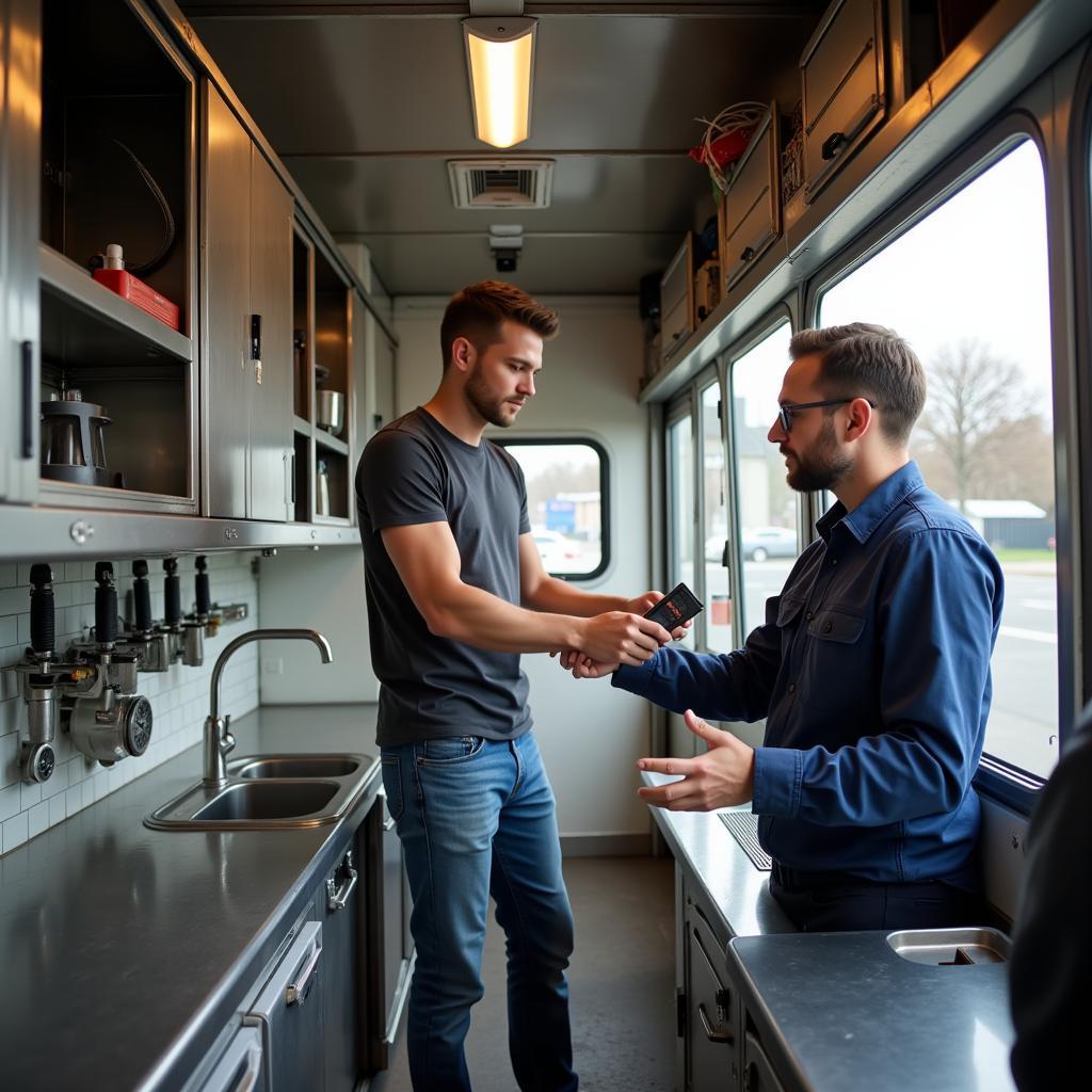  A potential buyer inspecting a used food truck for sale in DFW 