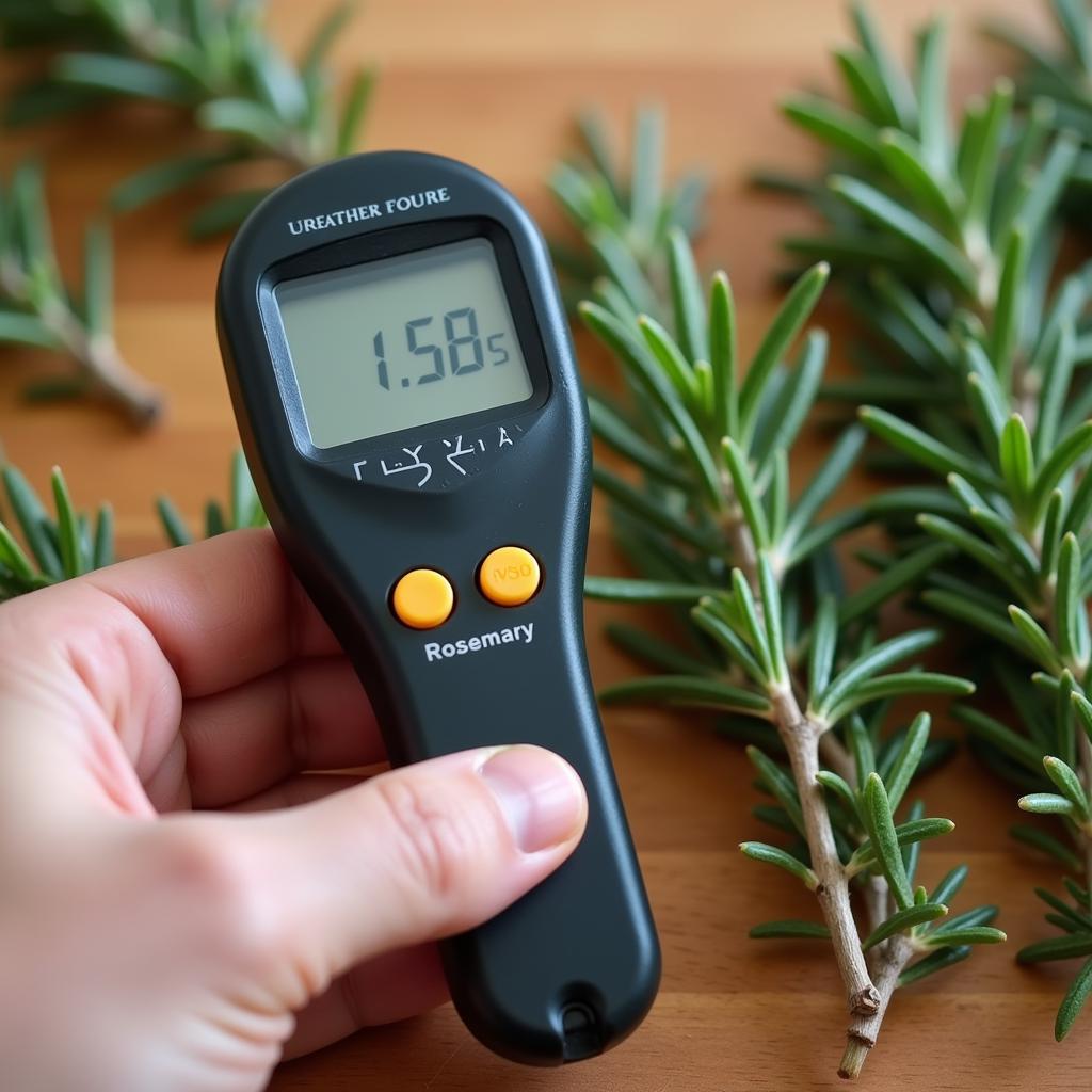 A person using a moisture meter on dried herbs