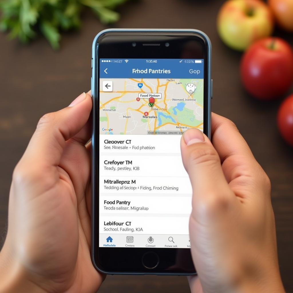 A person using their smartphone to find nearby food pantries in Hillsdale, MI