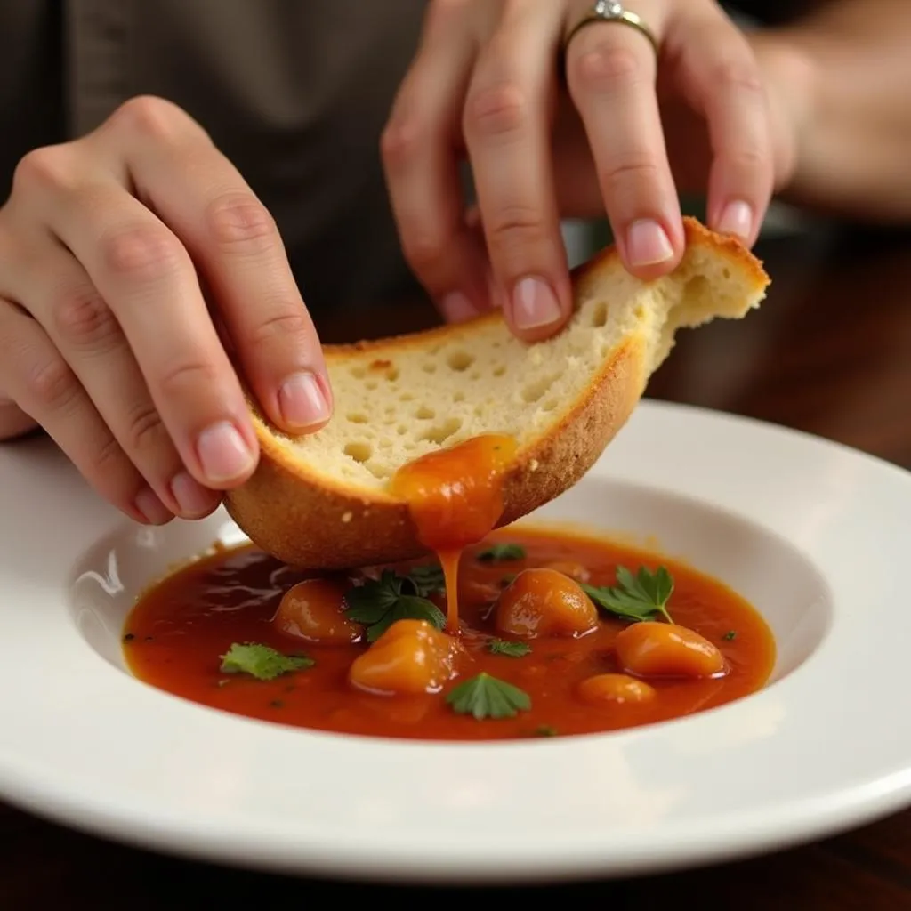 Hand Using Bread to Mop Sauce