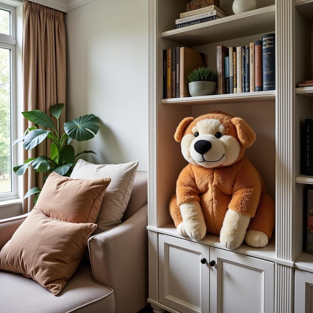 Cozy living room with cinnamon roll plush on a shelf