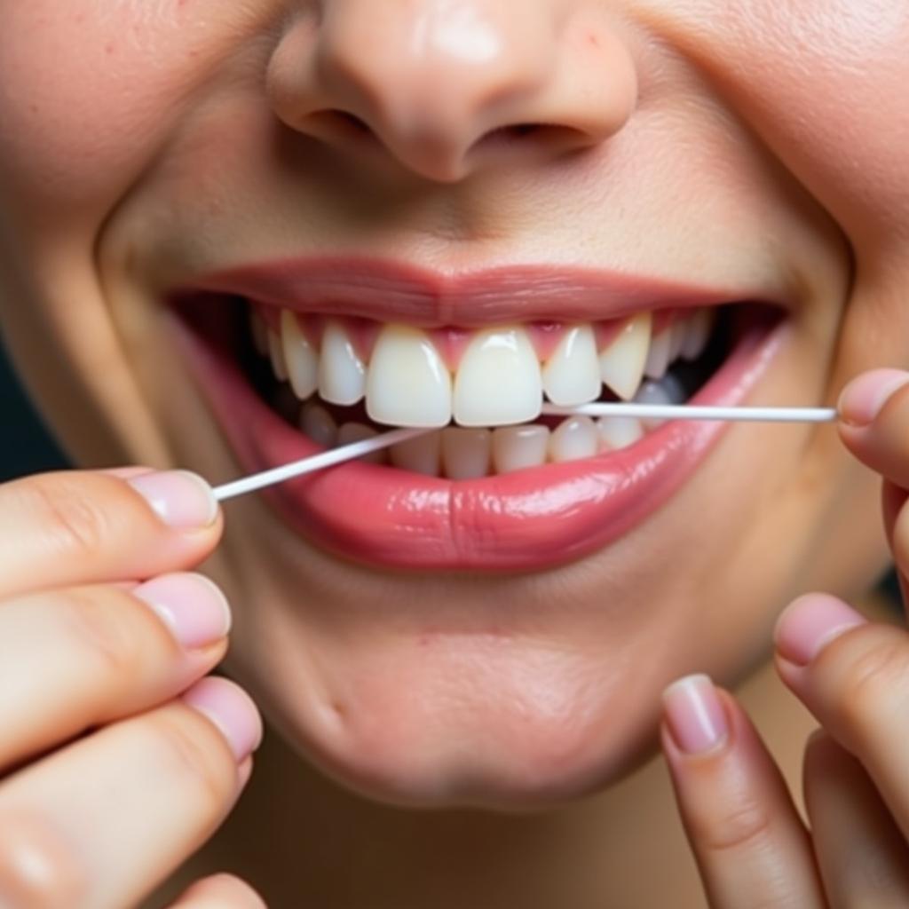 Close-up of a person using dental floss to remove food particles.