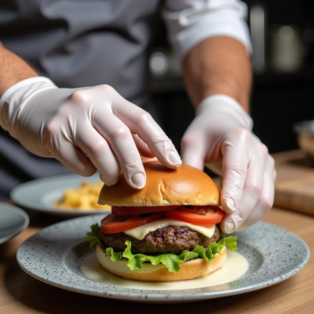 Chef wearing disposable gloves while preparing a meal