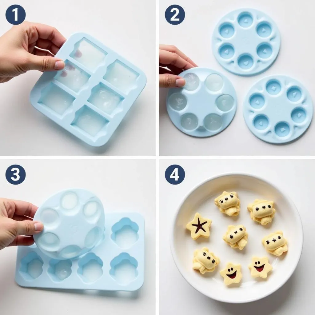 Steps for making shaped ice cubes using a food mold.