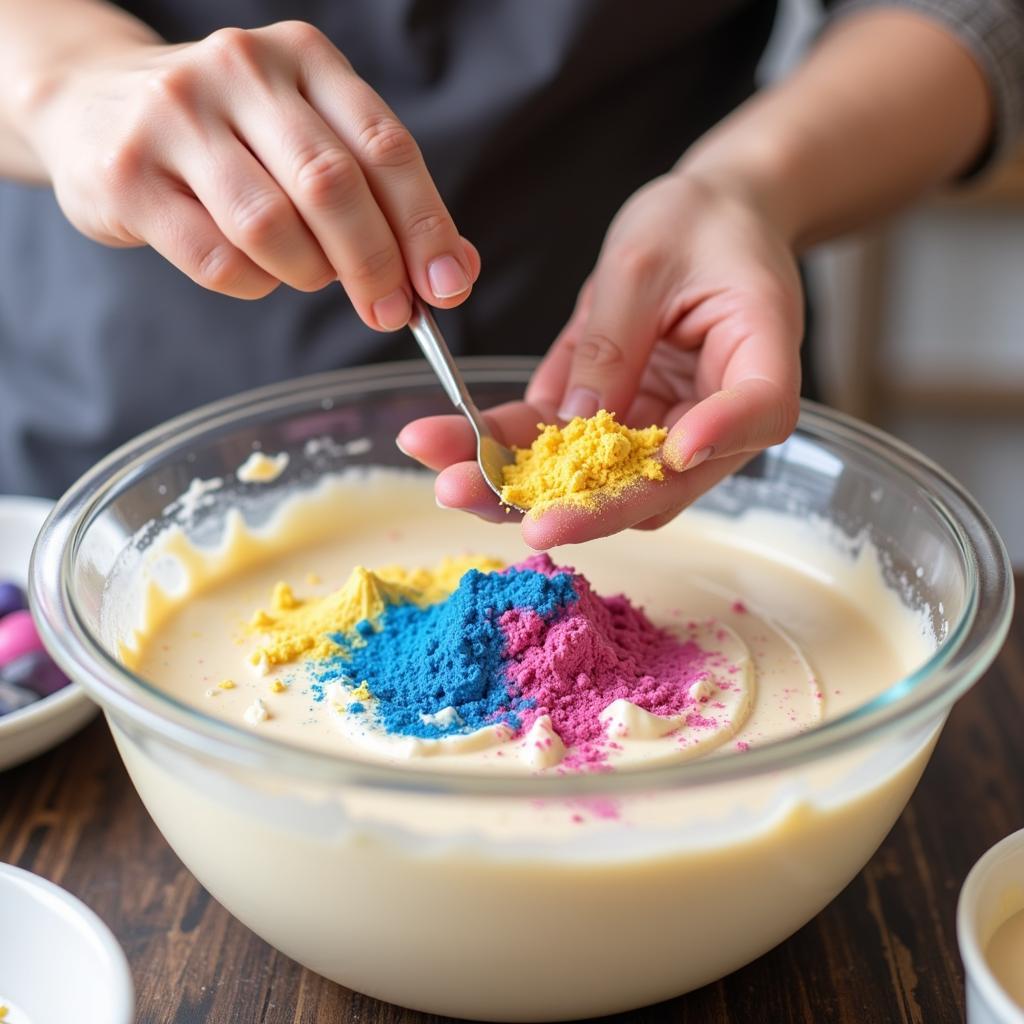 Hands mixing batter with natural food colouring powder