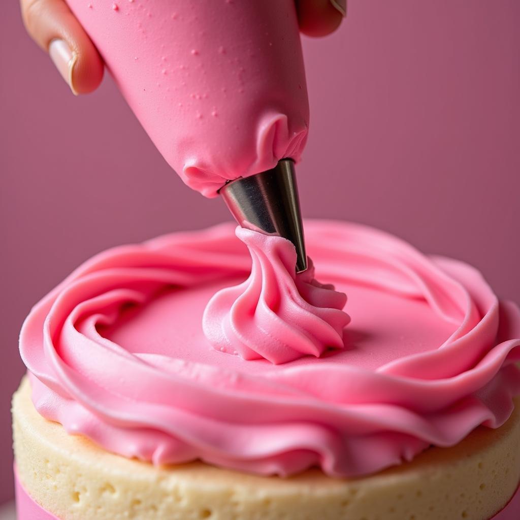 Piping pink buttercream rosettes onto a cake using ProGel food coloring