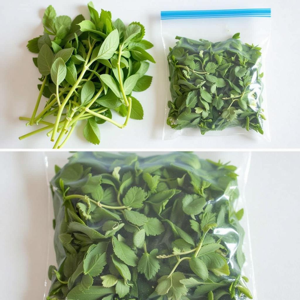 Freezing herbs in sealable bags.