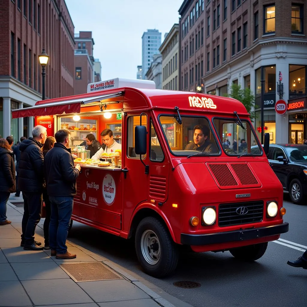 A bustling food truck scene with a bright red van food truck serving customers.