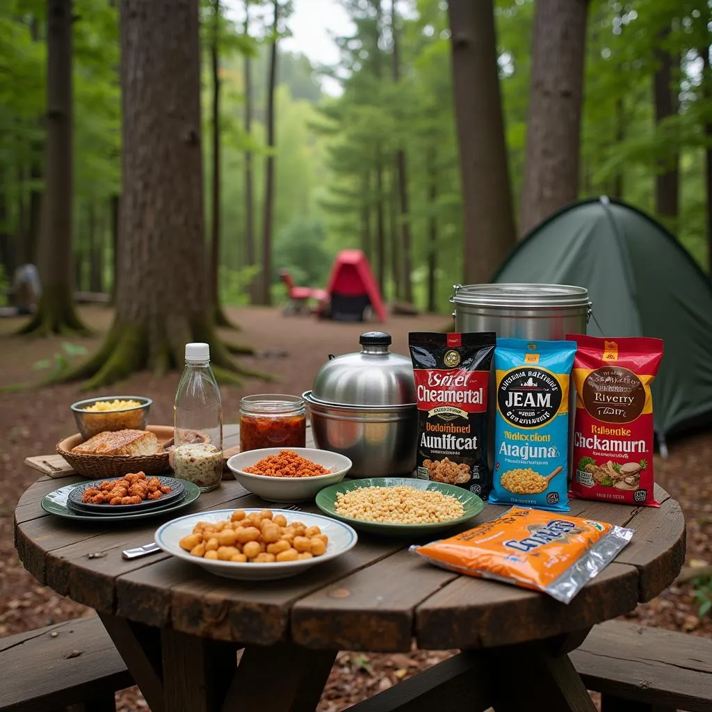 Assortment of freeze-dried meals laid out on a campsite table