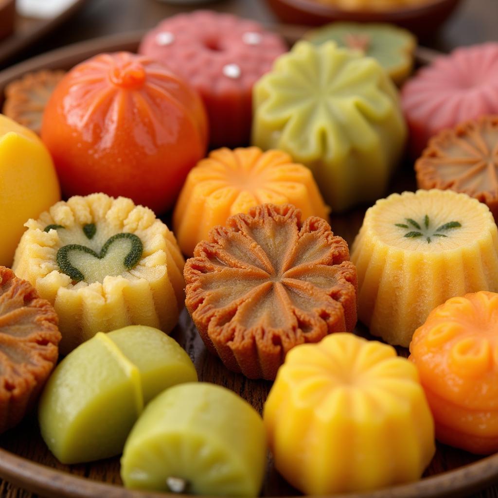 A variety of colorful Indian sweets arranged for Annakut