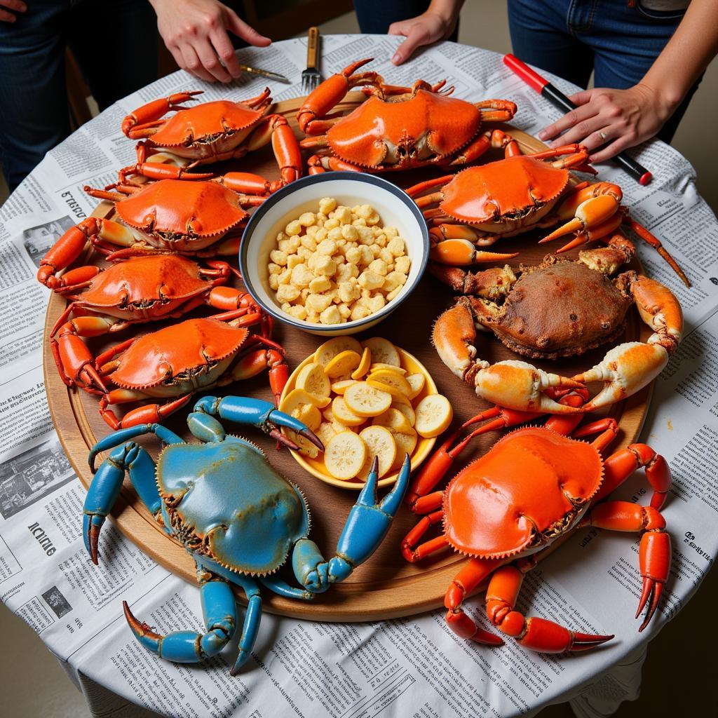 A colorful assortment of cooked crabs, including king crab legs, blue crabs, and Dungeness crab, arranged on a table with serving utensils